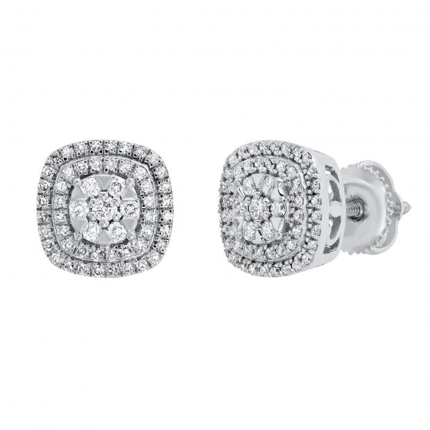 0.50 Carat (ctw) Round Diamond Ladies Double Cushion Frame Stud Earrings 1/2 CT Sterling Silver