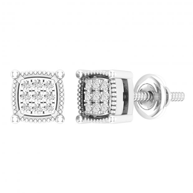 0.10 Carat (ctw) Round White Diamond Ladies Cluster Square Stud Earrings 1/10 CT 10K White Gold
