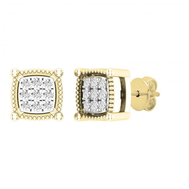 0.10 Carat (ctw) Round White Diamond Ladies Cluster Square Stud Earrings 1/10 CT 14K Yellow Gold