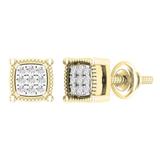 0.10 Carat (ctw) Round White Diamond Ladies Cluster Square Stud Earrings 1/10 CT 14K Yellow Gold