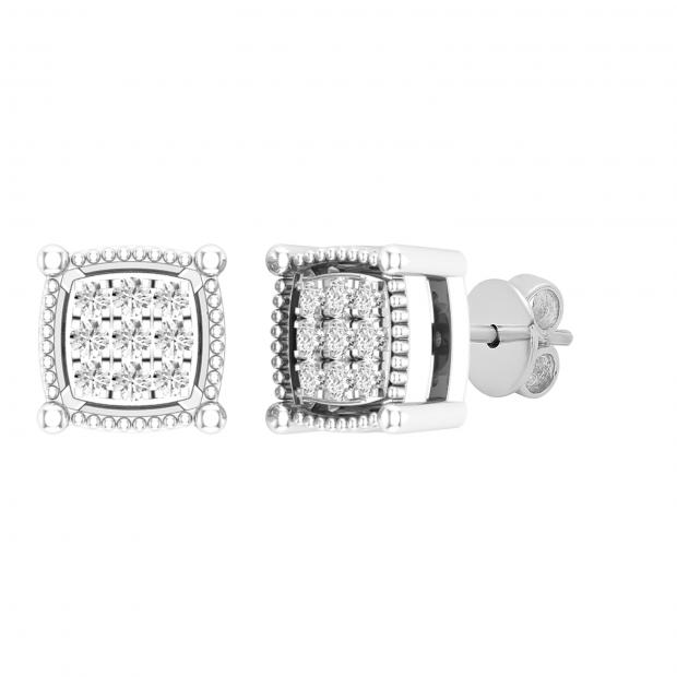 0.10 Carat (ctw) Round White Diamond Ladies Cluster Square Stud Earrings 1/10 CT Sterling Silver