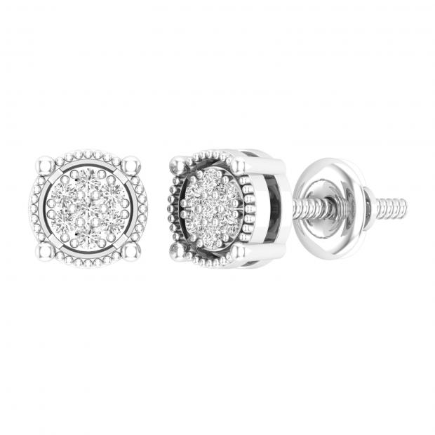 0.10 Carat (ctw) Round White Diamond Ladies Cluster Stud Earrings 1/10 CT Sterling Silver