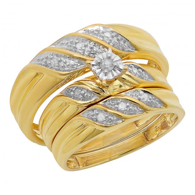 0.10 Carat (ctw) Round Diamond Bridal Engagement Ring Trio Set 1/10 CT Yellow Gold Plated Sterling Silver
