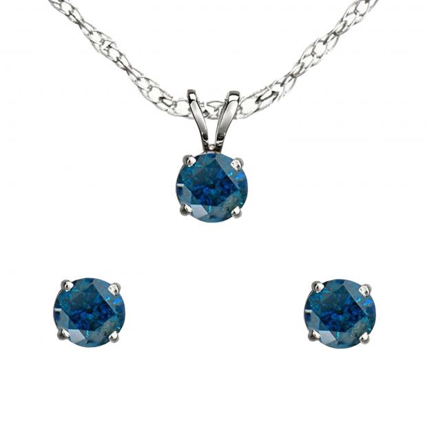 0.25 Carat (ctw) Round Blue Diamond Ladies Stud Earring & Pendant Set 1/4 CT 10K White Gold