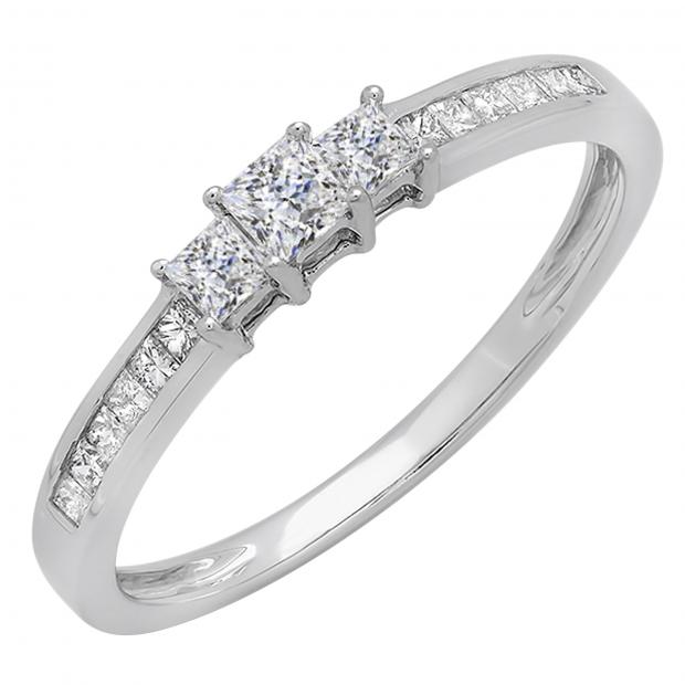 0.45 Carat (ctw) Princess White Diamond Ladies 3 Stone Engagement Ring 1/2 CT 10K White Gold