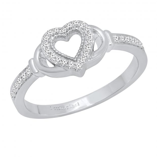 Round White Diamond Heart Framed Promise Ring for Women (0.15 ctw, Color I-J, Clarity I2-I3) 925 Sterling Silver