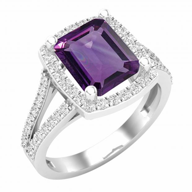 9X8 MM Octagon Amethyst & Round White Diamond Ladies Bridal Halo Engagement Ring Sterling Silver