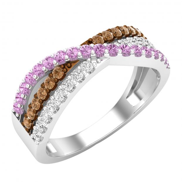 Round Pink Sapphire White & Brown Diamond Ladies Swirl Cocktail Right Hand Ring 18K White Gold