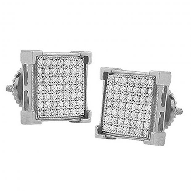 0.15 Carat (ctw) Round White Diamond Square Shape Mens Hip Hop Iced Stud Earrings Sterling Silver