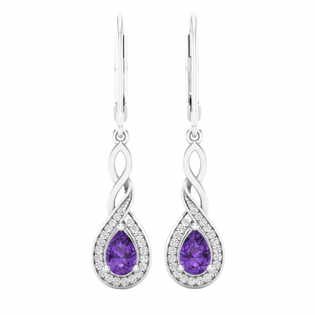 6X4 mm Each Pear Amethyst & Round White Diamond Ladies Infinity Swirl Halo Style Dangling Drop Earrings, Sterling Silver