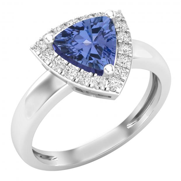 7 MM Trillion Tanzanite & Round White Sapphire Ladies Halo Style Engagement Ring Sterling Silver