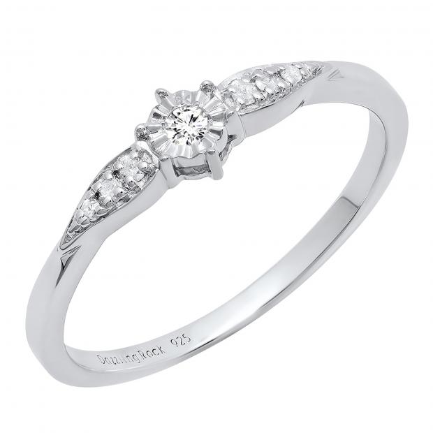 0.10 Carat (ctw) Round White Diamond Ladies Engagement Ring 1/10 CT Sterling Silver