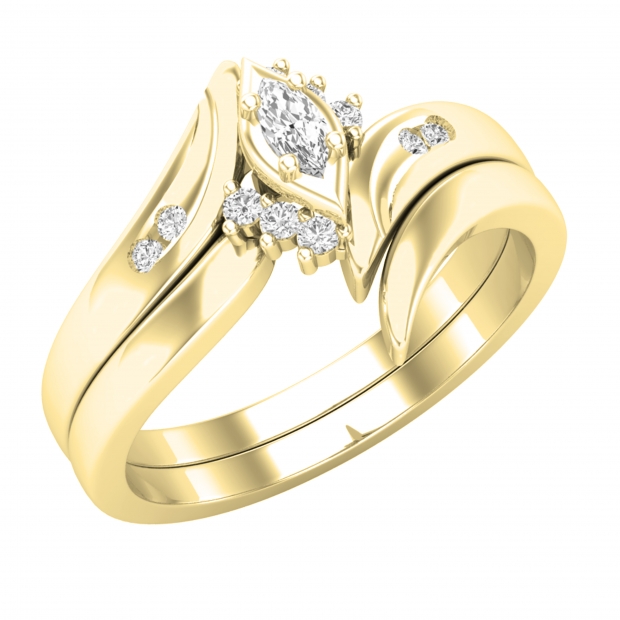 0.15 Carat (ctw) Marquise & Round White Diamond Bridal Engagement Ring Set 10K Yellow Gold