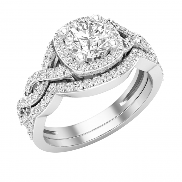 1.30 Carat (ctw) Round White Diamond Ladies Twisted Style Halo Wedding Ring Set 10K White Gold