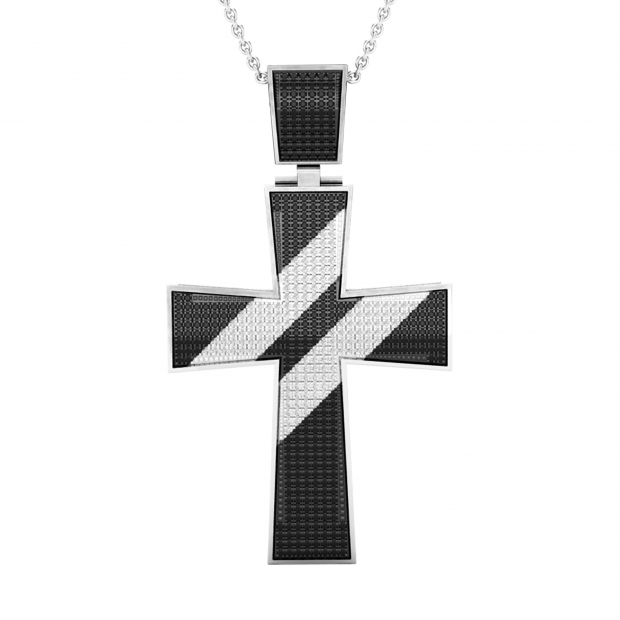 0.90 Carat (ctw) Round Black & White Diamond Mens & Womens Religious Unisex Cross Pendant, Sterling Silver