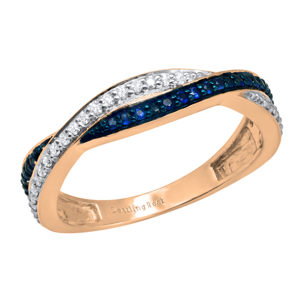 Round Blue Sapphire and White Diamond Ladies Stackable Swirl Wedding Band 10K Rose Gold