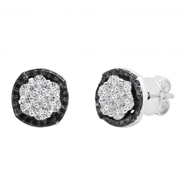 0.03 Carat (ctw) Round Black and White Diamond Ladies Cluster Style Stud Earrings Sterling Silver