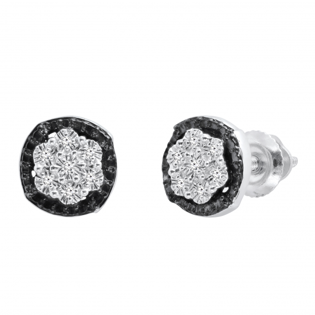 0.03 Carat (ctw) Round Black and White Diamond Ladies Cluster Style Stud Earrings Sterling Silver