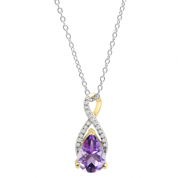 10X7 mm Pear Amethyst & Round White Diamond Ladies Infinity Swirl Teardrop Pendant With Silver Chain, 18K Yellow Gold