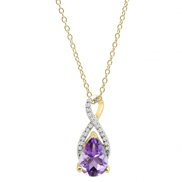 10X7 mm Pear Amethyst & Round White Diamond Ladies Infinity Swirl Teardrop Pendant With Gold Chain, 18K Yellow Gold