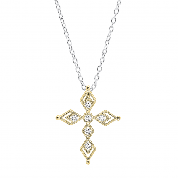 0.15 Carat (ctw) Round White Diamond Ladies Vintage Style Cross Pendant 10K Yellow Gold