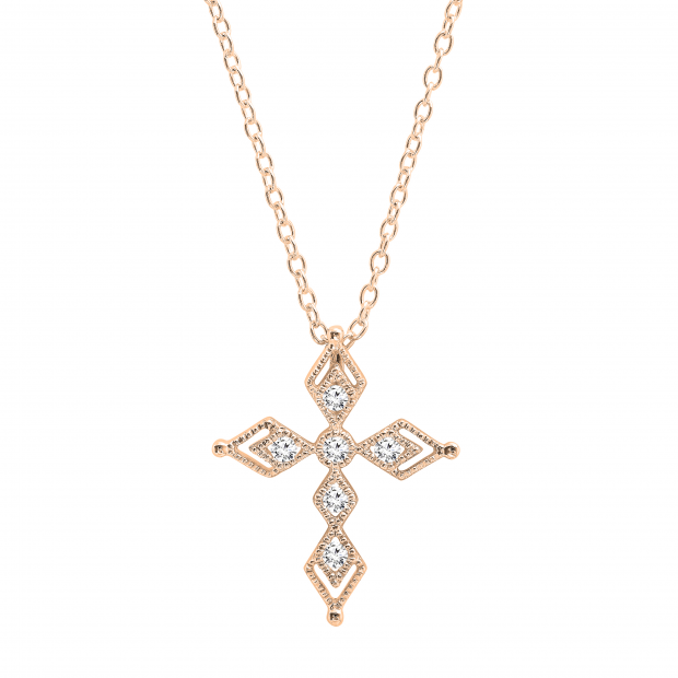 0.15 Carat (ctw) Round White Diamond Ladies Vintage Style Cross Pendant 14K Rose Gold