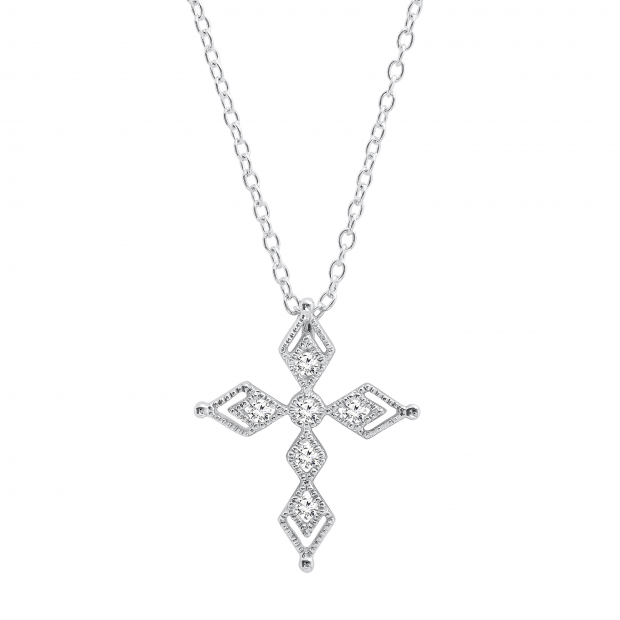 0.15 Carat (ctw) Round White Diamond Ladies Vintage Style Cross Pendant Sterling Silver
