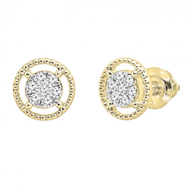 0.10 Carat (ctw) Round White Diamond Ladies Flower Cluster Stud Earring 1/10 CT 14K Yellow Gold