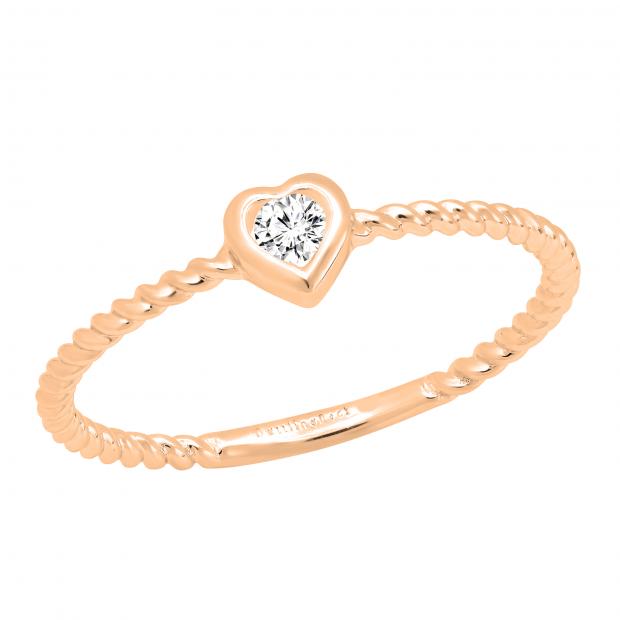 0.08 Carat (ctw) Round White Diamond Ladies Rope Style Heart Promise Engagement Ring 14K Rose Gold