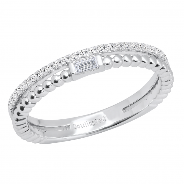 0.13 Carat (ctw) Round & Baguette White Diamond Ladies Beaded Engagement Ring Sterling Silver