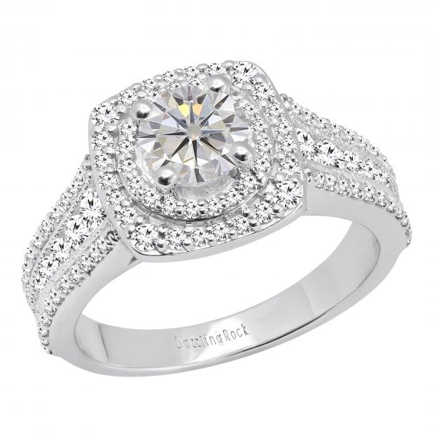 Round Cubic Zirconia Ladies Double Frame Vintage Style Engagement Ring 10K White Gold