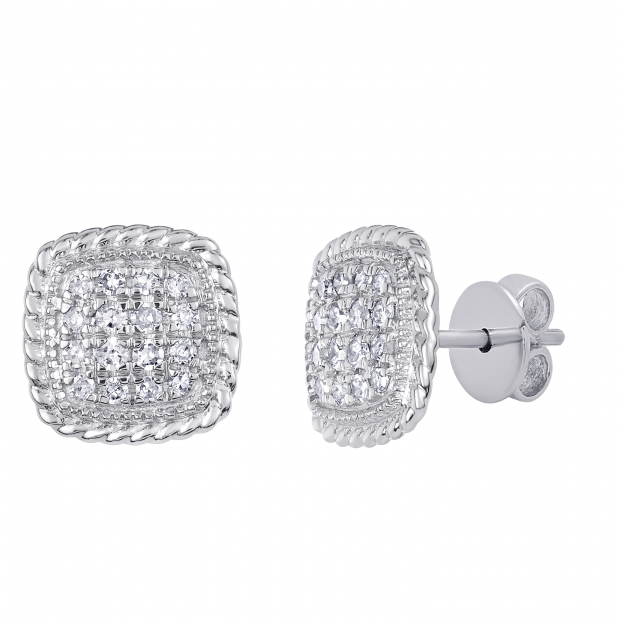 0.15 Carat (Ctw) Round White Diamond Ladies Rope Style Cushion Shaped Stud Earrings 18K White Gold