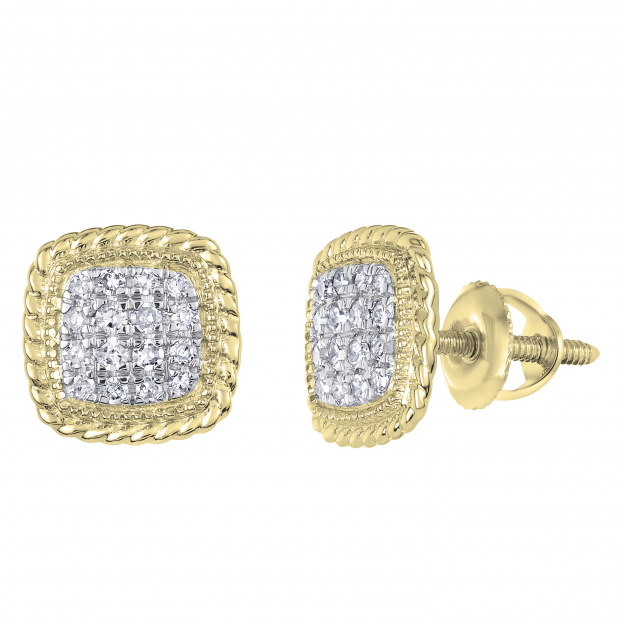 0.15 Carat (Ctw) Round White Diamond Ladies Rope Style Cushion Shaped Stud Earrings 18K Yellow Gold