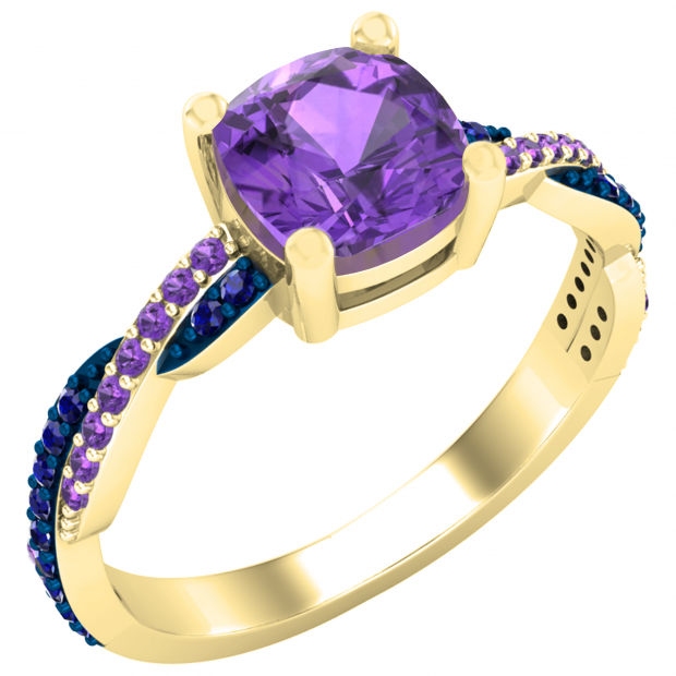 6 mm Cushion Amethyst & Round Blue Sapphire & Amethyst Ladies Swirl Engagement Ring, 14K Yellow Gold
