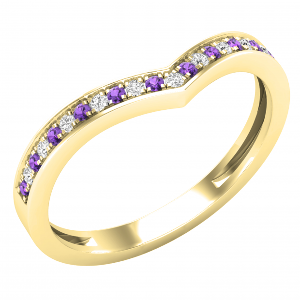 Round Amethyst & White Diamond Ladies Bridal Chevron Anniversary Wedding Band, 10K Yellow Gold