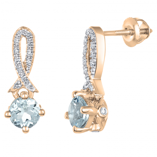 5 mm Each Round Aquamarine and Diamond Ladies Frame Awareness Ribbon Drop Earrings, 14K Rose Gold
