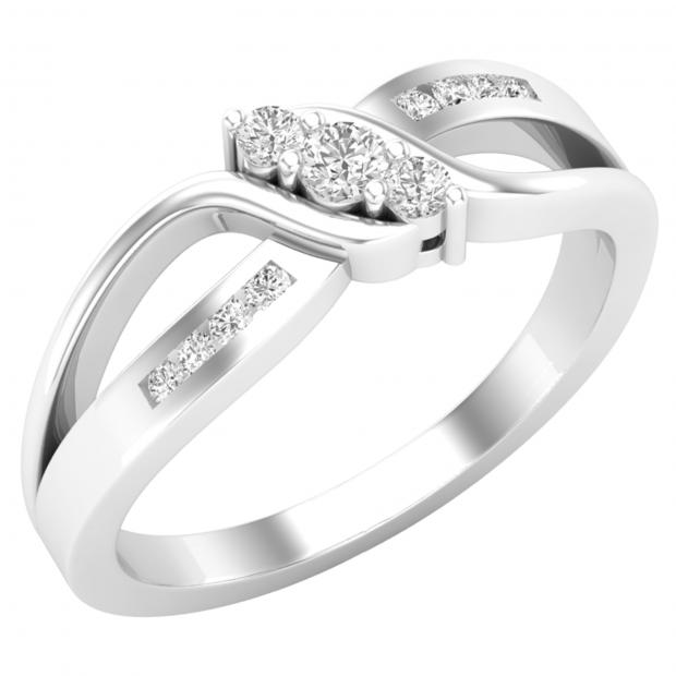 0.15 Carat (Ctw) Round White Diamond Ladies 3 Stone Split Shank Promise Ring 10K White Gold