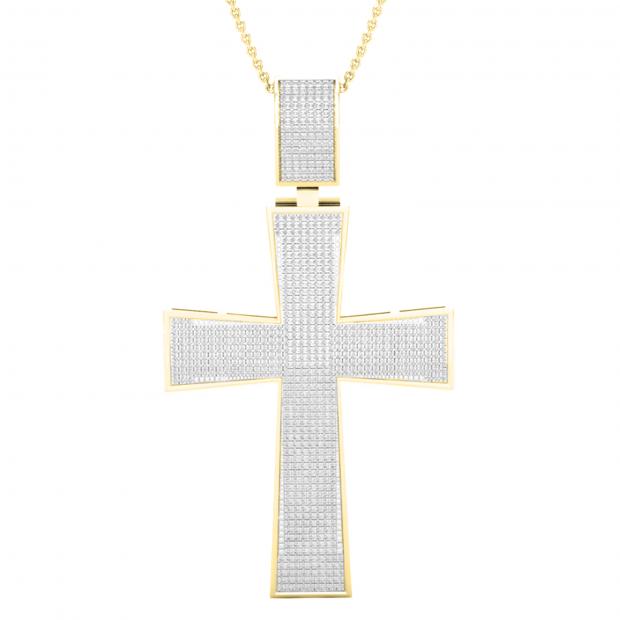 1.30 Carat (ctw) Round White Diamond Mens Hip Hop Religious Cross Pendant 18K Yellow Gold