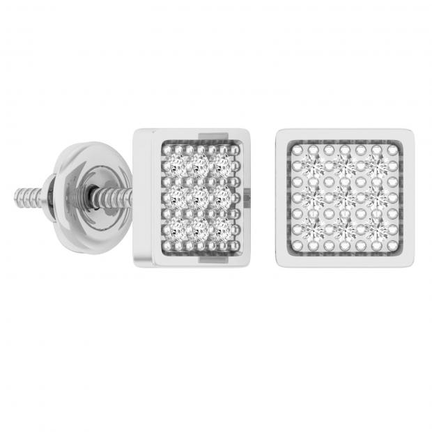 0.10 Carat (ctw) Round Diamond Mens Square Shape Hip Hop Stud Earrings 1/10 CT Sterling Silver
