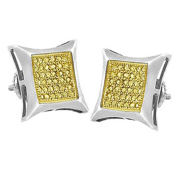 0.06 Carat (ctw) Round Yellow Diamond Mens Hip Hop Kite Shape Stud Earrings Sterling Silver
