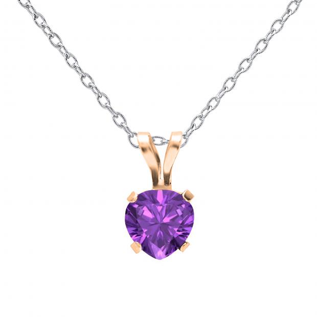 5mm Heart Shape Amethyst Solitaire for Girls and Womens Tiny Pendant With Silver Chain 10K Rose Gold