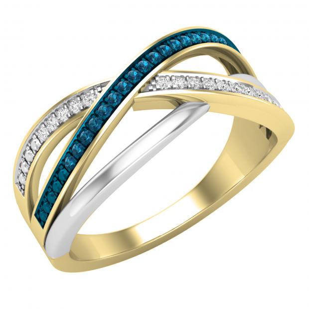 0.10 Carat (ctw) Round Blue & White Diamond Ladies Crossover Ring 1/10 CT 14K White & Yellow Gold