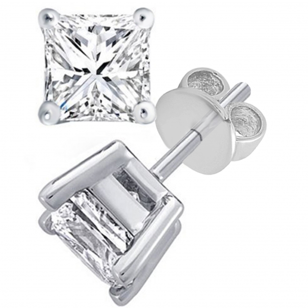 0.67 Ctw Princess White Diamond Solitaire Push Back Stud Earrings for Women in 18K Solid White Gold