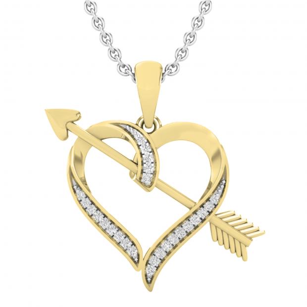 0.10 Carat (ctw) Round White Diamond Ladies Arrow With Heart Pendant 1/10 CT 18K Yellow Gold