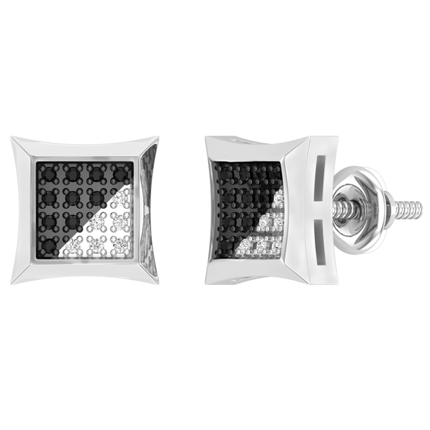 0.12 Carat (ctw) Round Black & White Diamond Kite Shape Mens Hip Hop Stud Earrings 10K White Gold