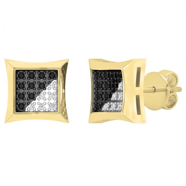 0.12 Carat (ctw) Round Black & White Diamond Kite Shape Mens Hip Hop Stud Earrings 10K Yellow Gold