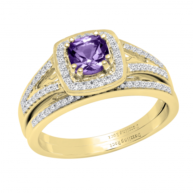 5 mm Cushion Amethyst & Round White Diamond Halo Style Bridal Wedding Ring Set 10K Yellow Gold