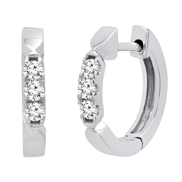0.20 Carat (ctw) Round White Diamond Ladies 3 Stone Huggies Hoop Earrings 1/5 CT Sterling Silver