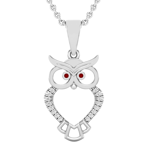 0.10 Carat (ctw) Round Red & White Diamond Ladies Owl Bird Animal Pendant 1/10 CT Sterling Silver