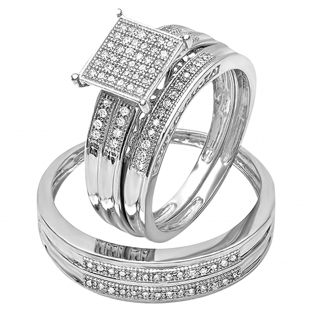 0.25 Carat (ctw) Round White Diamond Men & Womens Engagement Trio Bridal Set 1/5 CT Sterling Silver